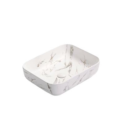 POSEIDON FINE CERAMIC ABOVE COUNTER BASIN MATTE WHITE CARRARA WITH GOLD VEIN 500MM