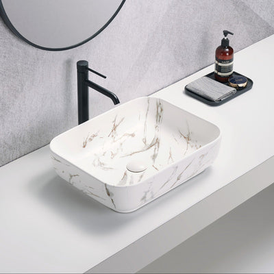 POSEIDON FINE CERAMIC ABOVE COUNTER BASIN MATTE WHITE CARRARA WITH GOLD VEIN 500MM