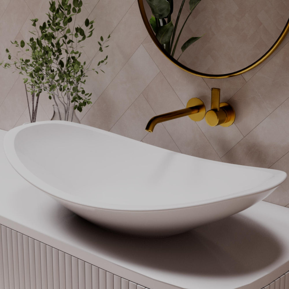 PIETRA BIANCA BOAT ABOVE COUNTER STONE BASIN WITH CUSTOM COLOURS 750MM