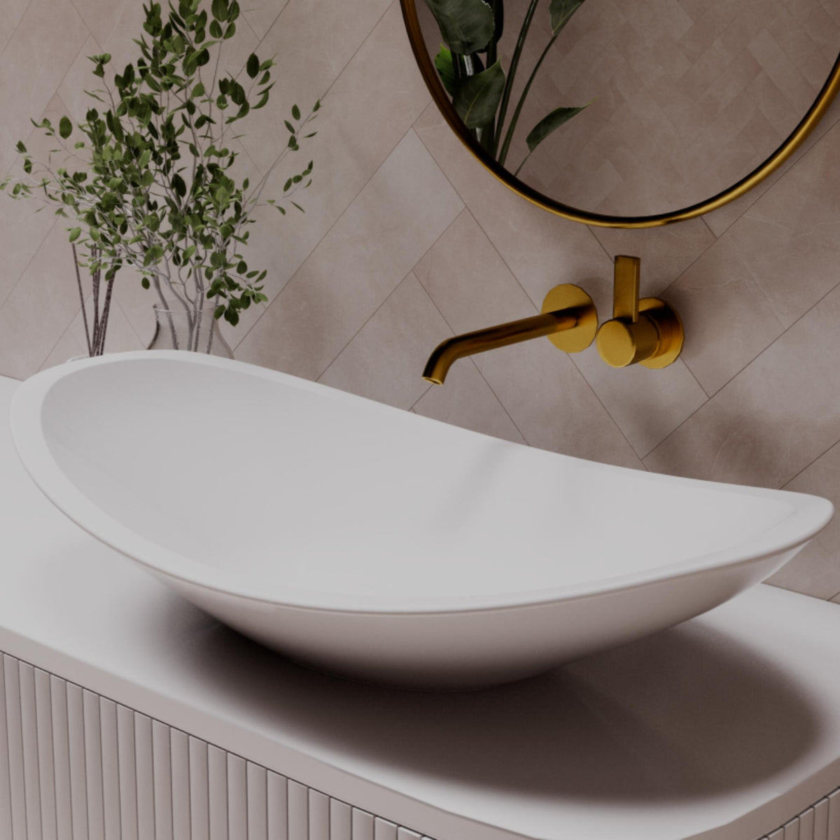 PIETRA BIANCA BOAT ABOVE COUNTER STONE BASIN WITH CUSTOM COLOURS 750MM