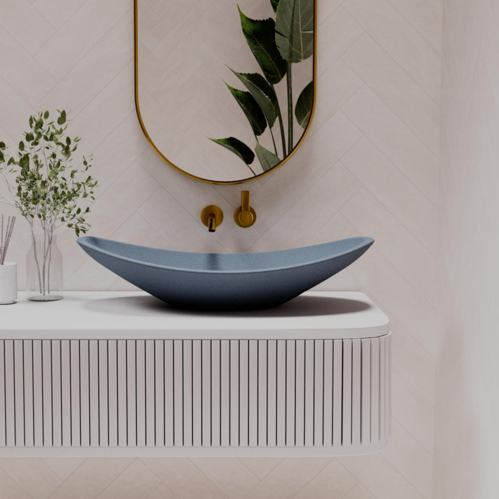 PIETRA BIANCA BOAT ABOVE COUNTER STONE BASIN WITH CUSTOM COLOURS 750MM