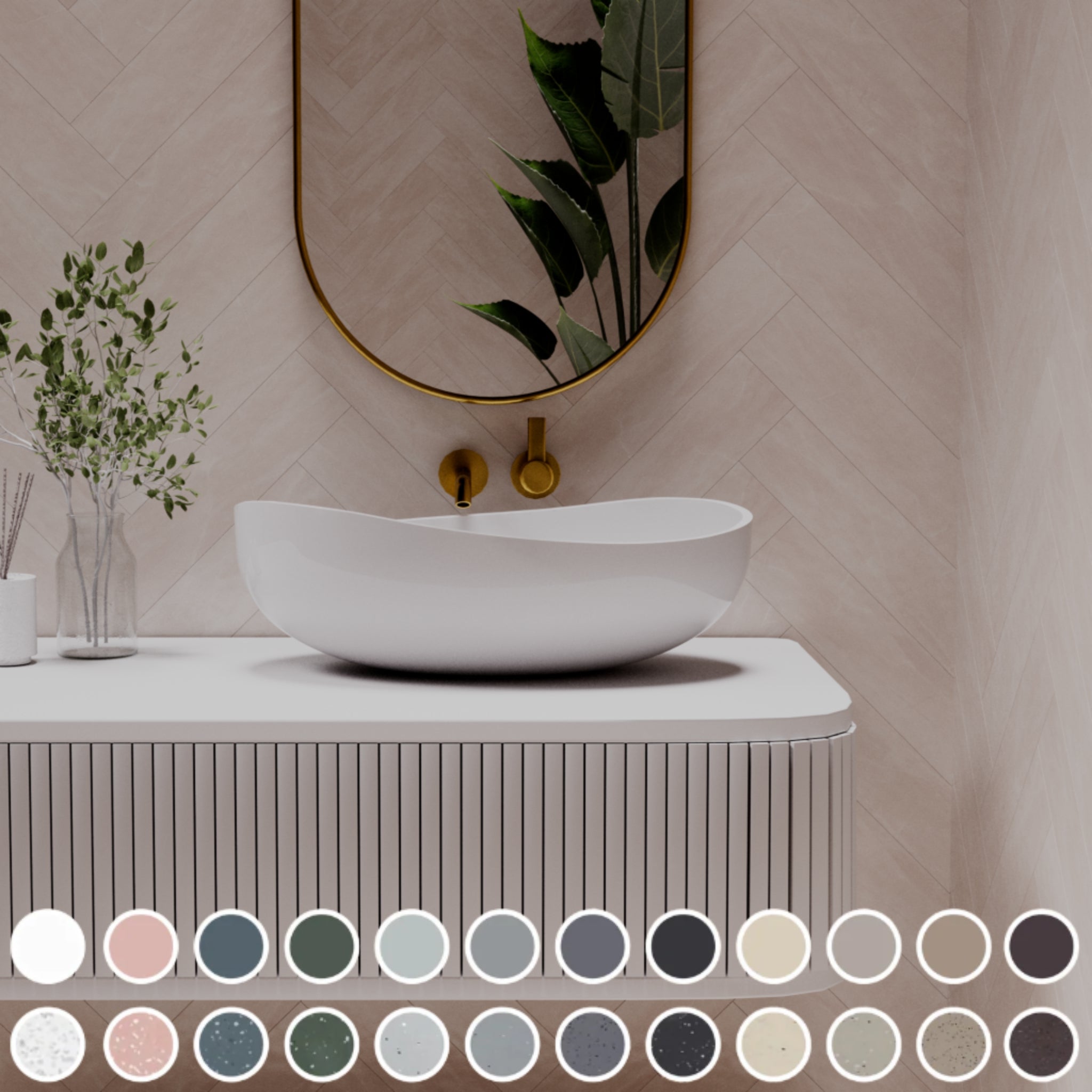 PIETRA BIANCA ONDA ABOVE COUNTER STONE BASIN WITH CUSTOM COLOURS 450MM