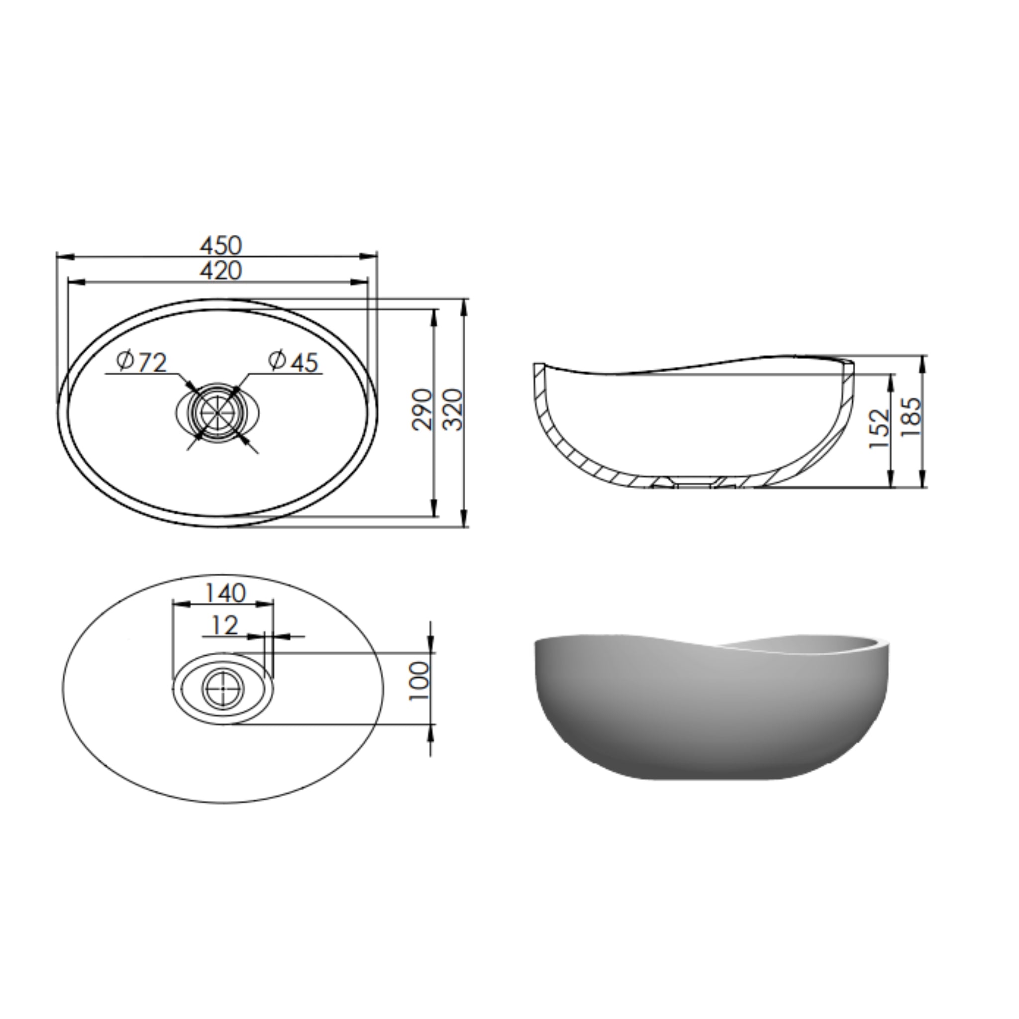 PIETRA BIANCA ONDA ABOVE COUNTER STONE BASIN WITH CUSTOM COLOURS 450MM