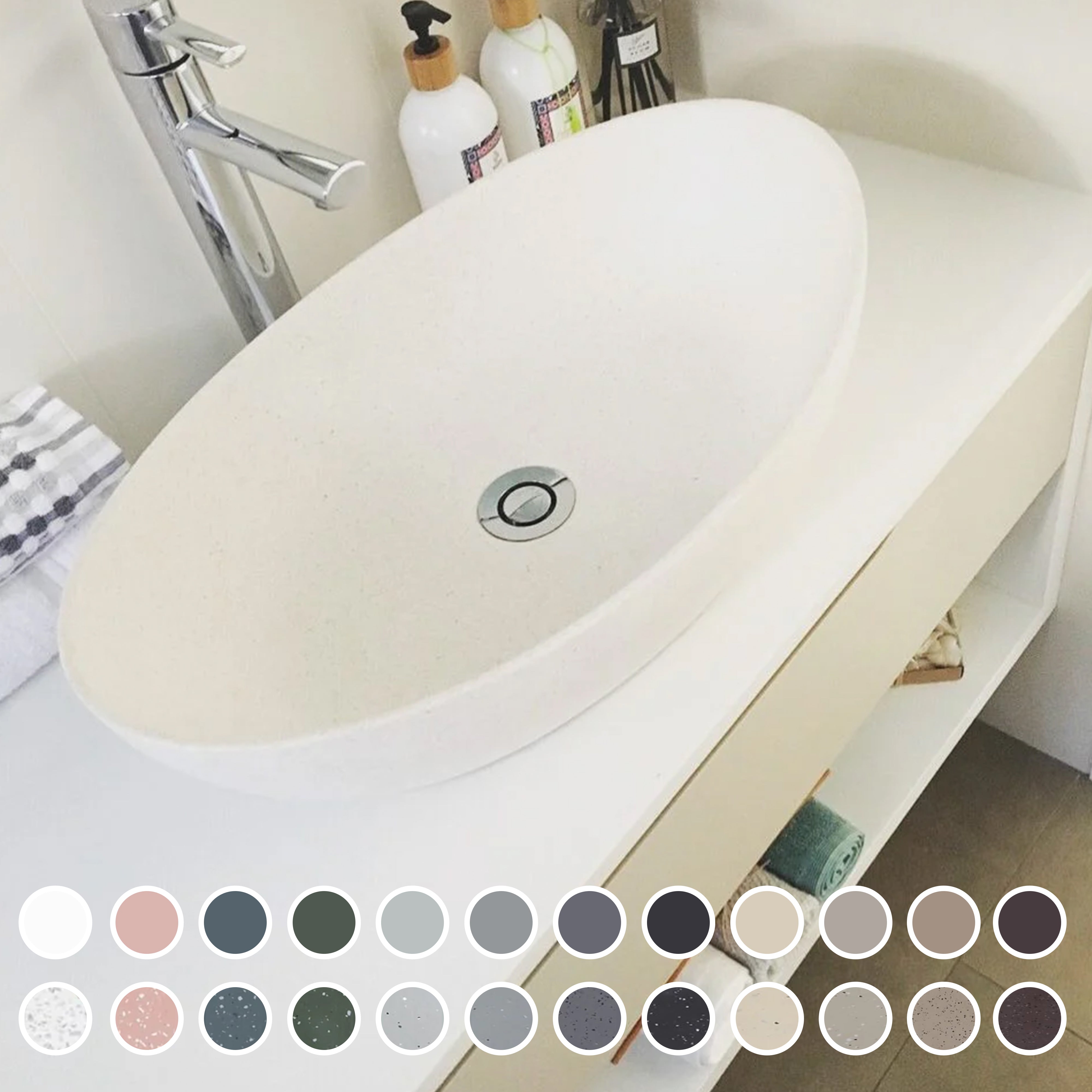 PIETRA BIANCA MILA ABOVE COUNTER STONE BASIN WITH CUSTOM COLOURS 550MM