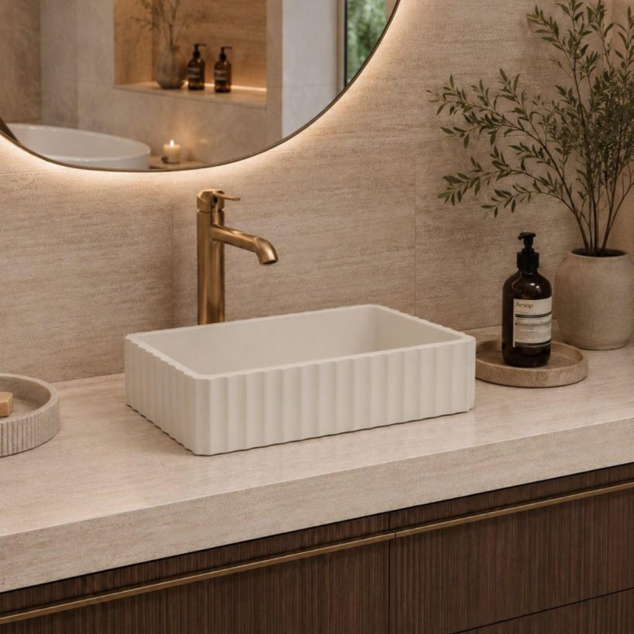 PIETRA BIANCA BRIZA RECTANGLE ABOVE COUNTER STONE BASIN WITH CUSTOM COLOURS 500MM