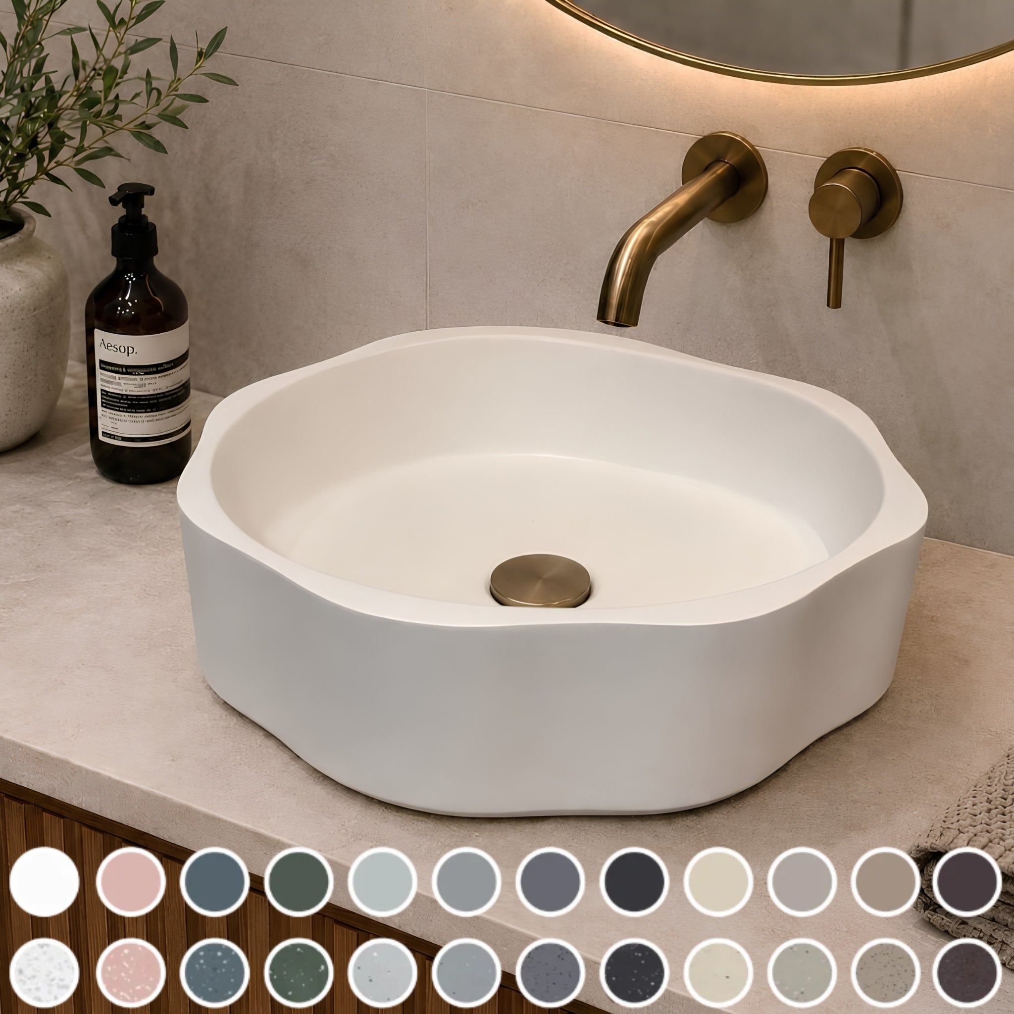 PIETRA BIANCA FLORA ABOVE COUNTER STONE BASIN WITH CUSTOM COLOURS 400MM