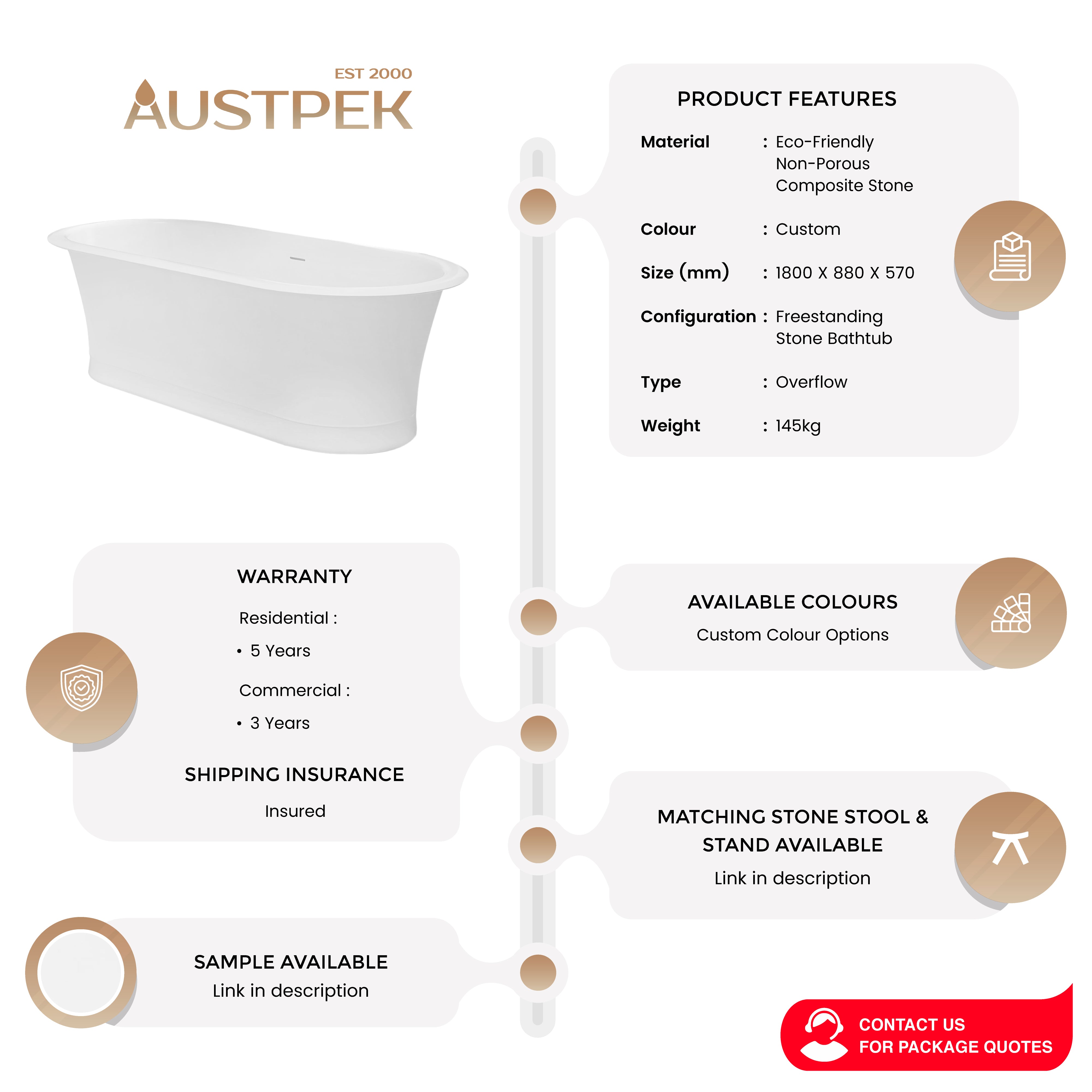 PIETRA BIANCA ROME FREESTANDING STONE BATHTUB WITH CUSTOM COLOURS 1800MM