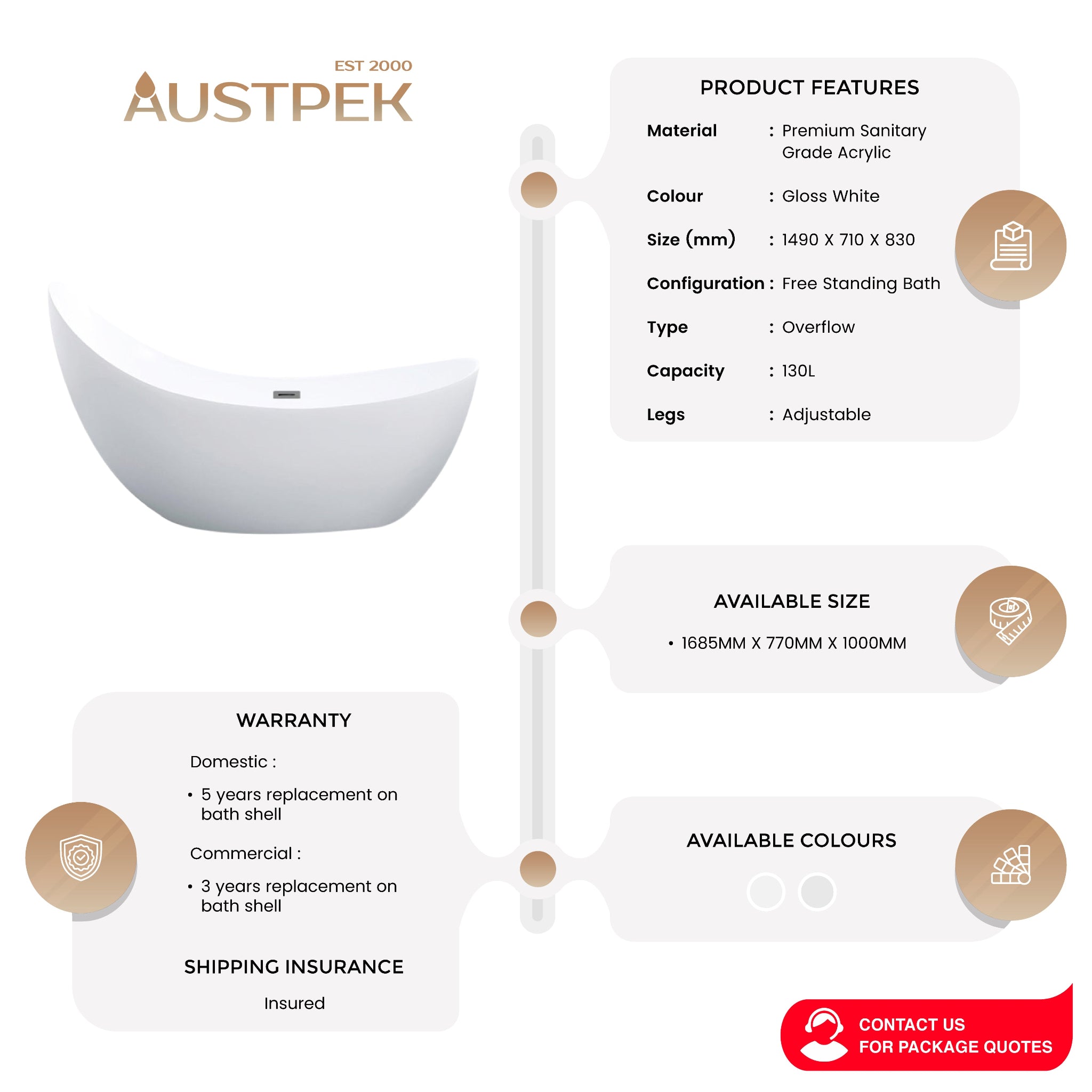 POSEIDON POSH FREE STANDING BATHTUB GLOSS WHITE WITH OVERFLOW (AVAILABLE IN 1500MM AND 1680MM)
