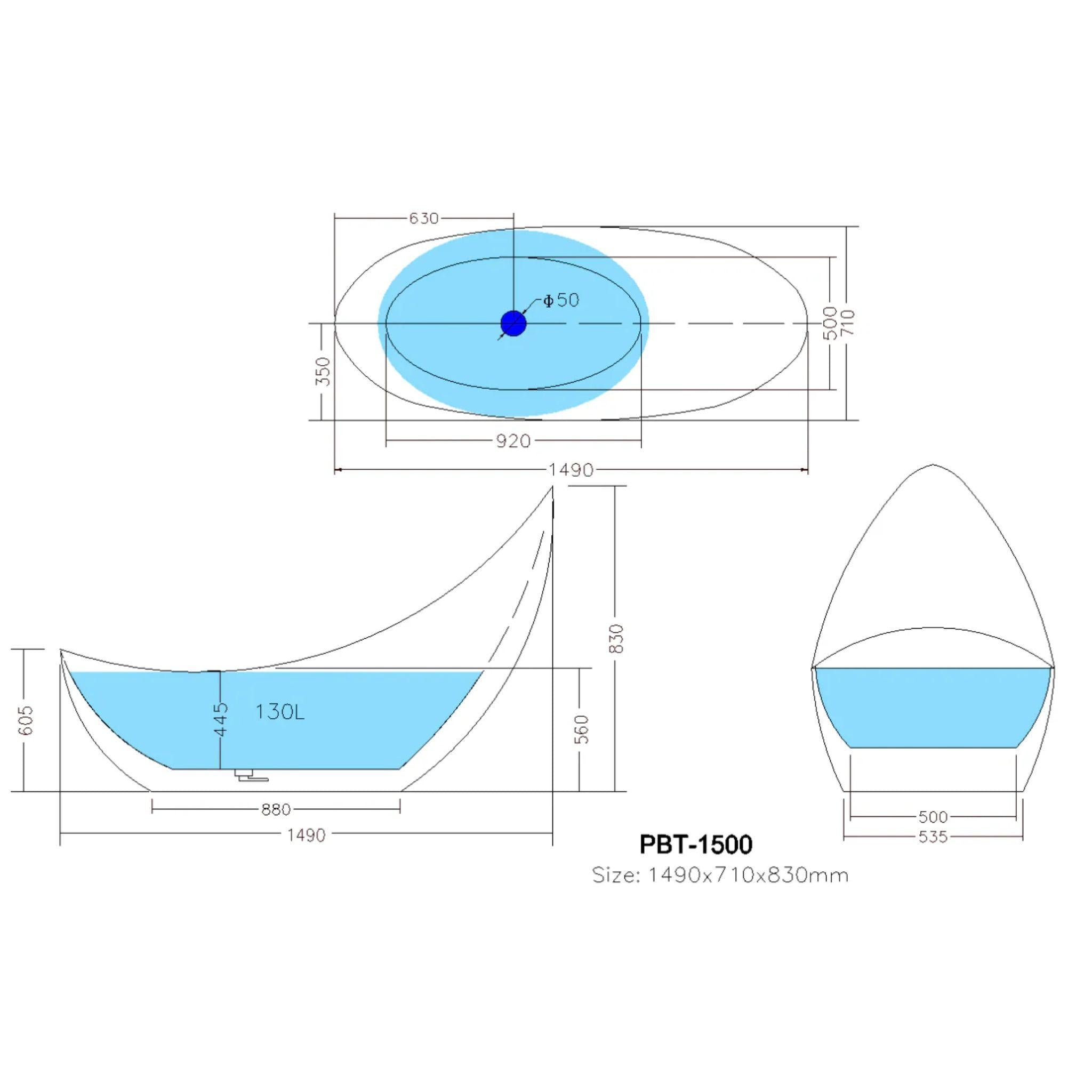 POSEIDON POSH FREESTANDING BATHTUB MATTE WHITE NON-OVERFLOW 1500MM