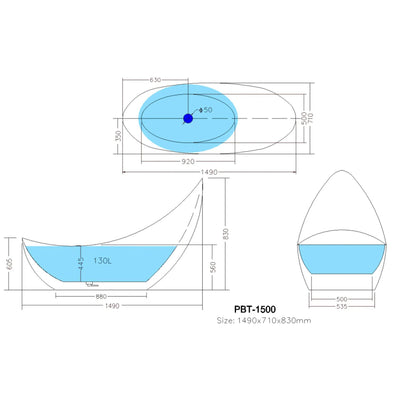 POSEIDON POSH FREESTANDING BATHTUB MATTE WHITE NON-OVERFLOW 1500MM