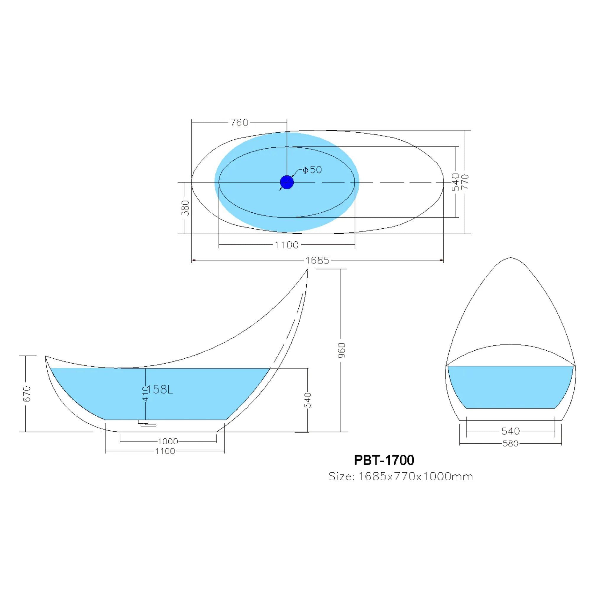 POSEIDON POSH FREE STANDING BATHTUB GLOSS WHITE NON OVERFLOW (AVAILABLE IN 1500MM AND 1680MM)