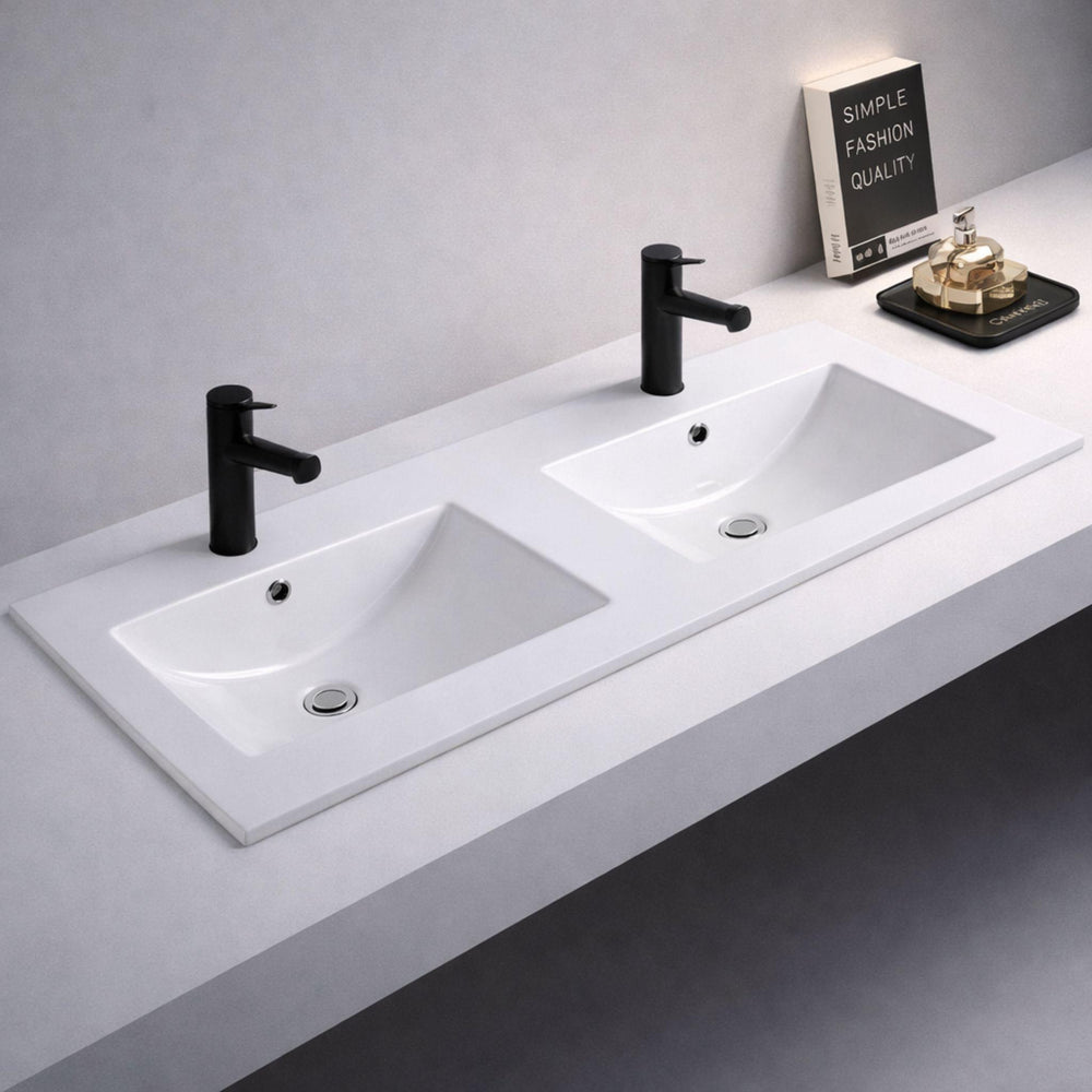 POSEIDON STANDARD GLOSS WHITE DOUBLE BOWL CERAMIC VANITY TOP (AVAILABLE IN 1210MM AND 1510MM)