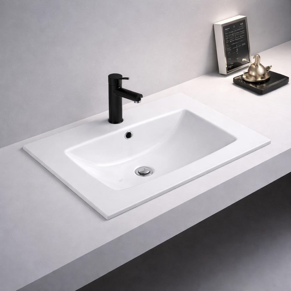 POSEIDON SLIMLINE GLOSS WHITE SINGLE BOWL CERAMIC VANITY TOP (AVAILABLE IN 610MM, 760MM AND 910MM)