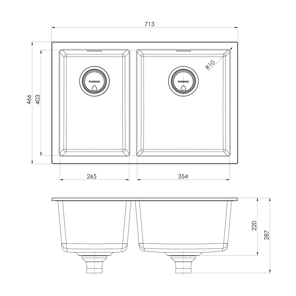 PHOENIX 5000 SERIES 1 AND 3/4 BOWL SINK MATTE WHITE 713MM