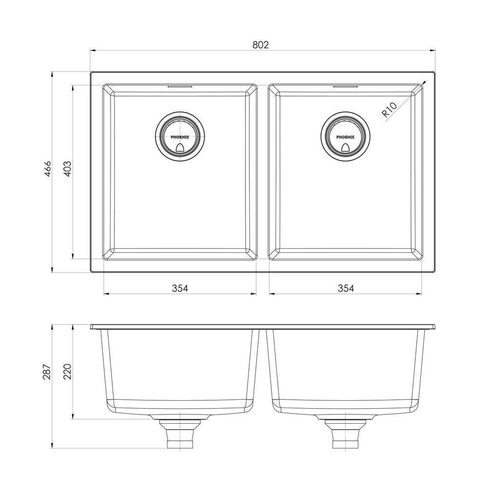 PHOENIX 5000 SERIES DOUBLE BOWL SINK MATTE WHITE 802MM