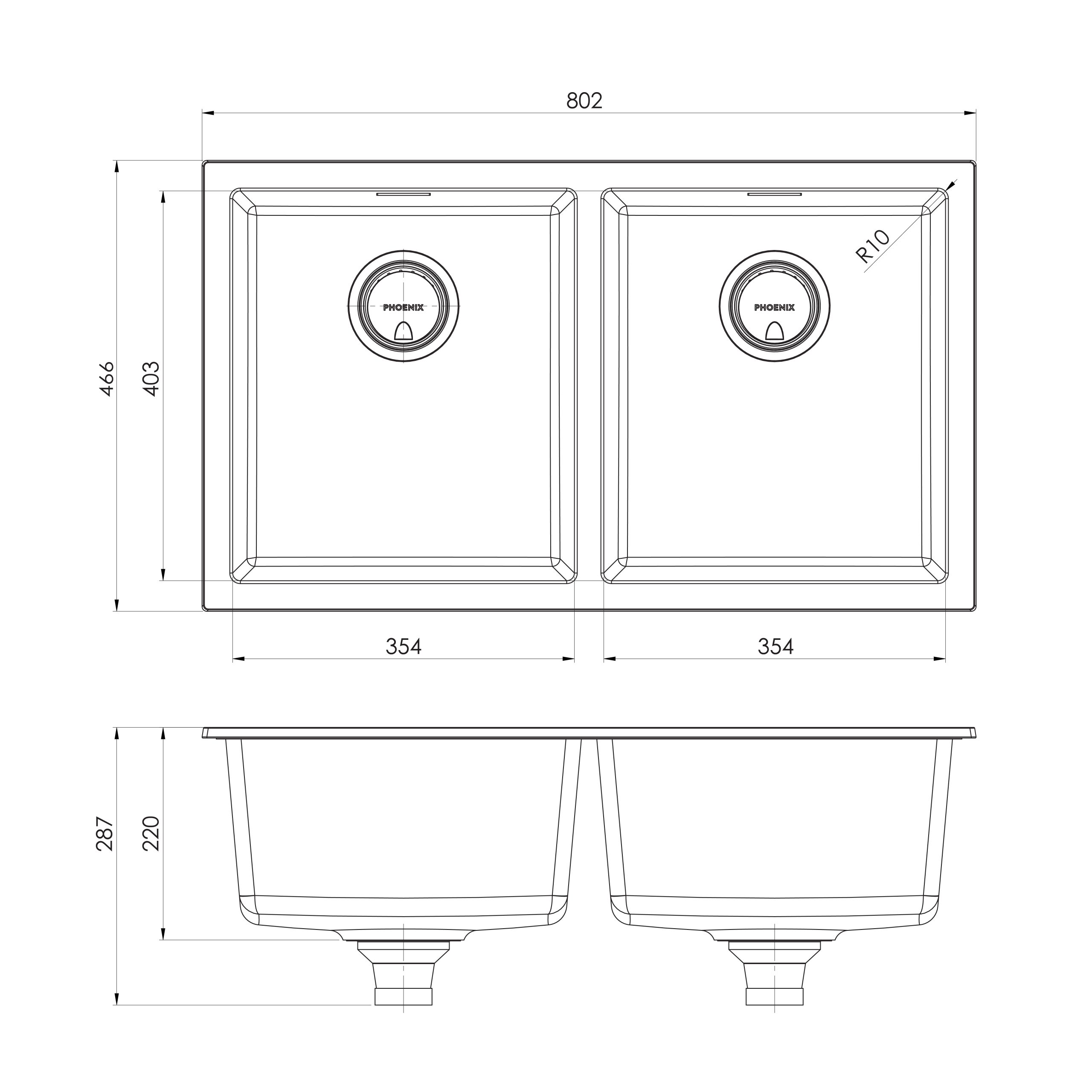PHOENIX 5000 SERIES DOUBLE BOWL SINK MATTE WHITE 802MM