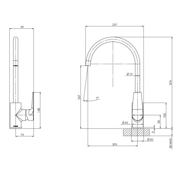 PHOENIX ARLO GOOSENECK SINK MIXER 374MM BRUSHED GOLD