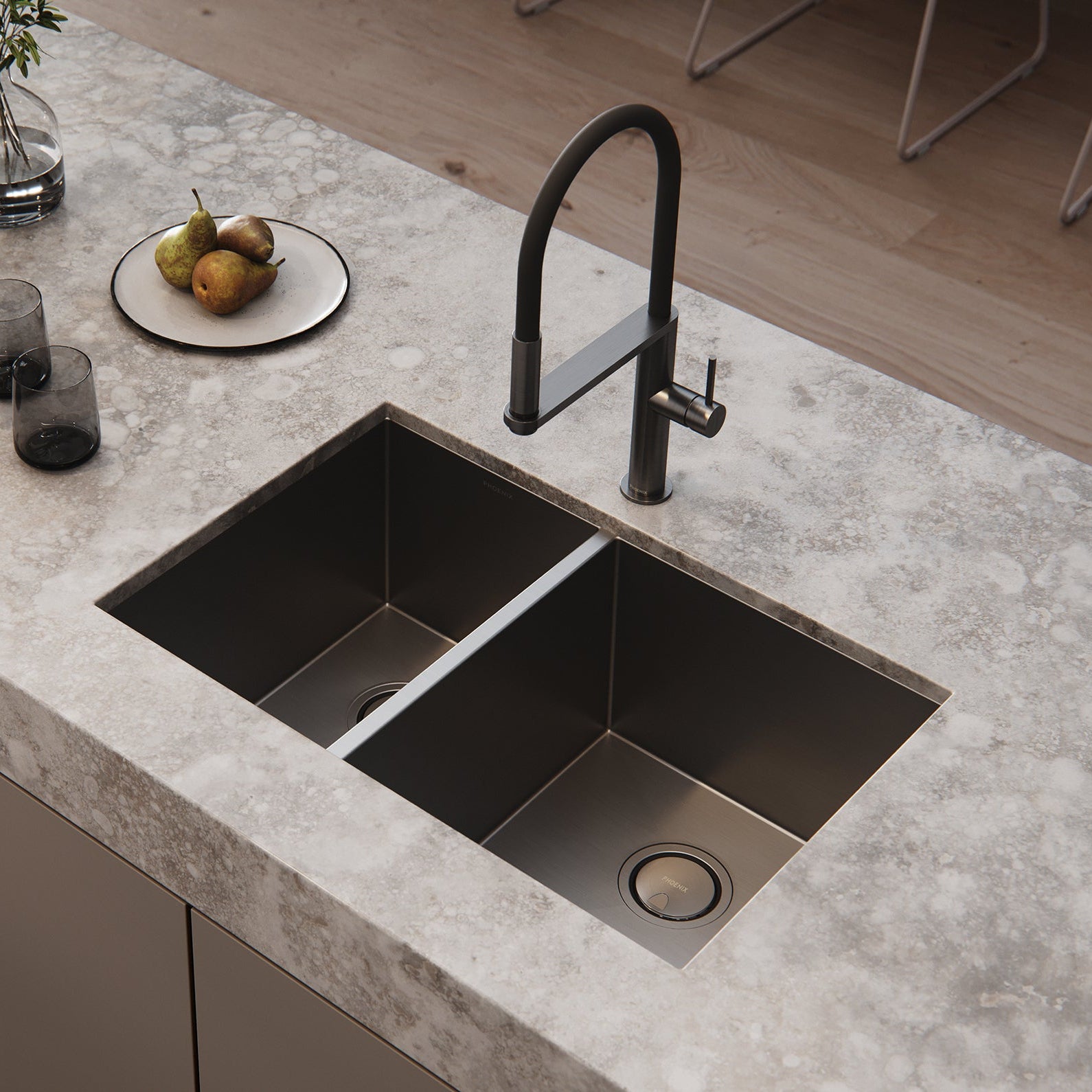 PHOENIX COVERED SINK BASKET WASTE BRUSHED CARBON