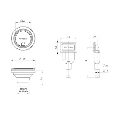 PHOENIX COVERED SINK BASKET WASTE WITH OVERFLOW BRUSHED CARBON