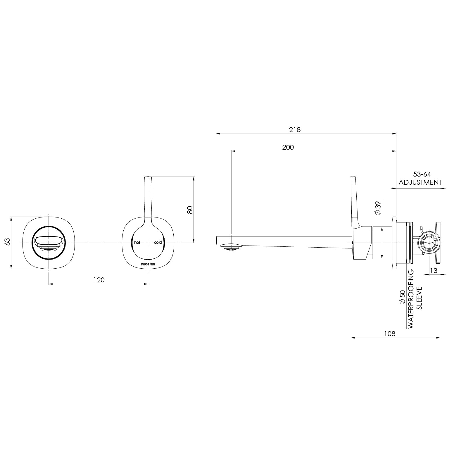 PHOENIX VASK SWITCHMIX LEAD FREE WALL BASIN / BATH MIXER SET PIN UP 218MM COMPLETE KIT BRUSHED NICKEL