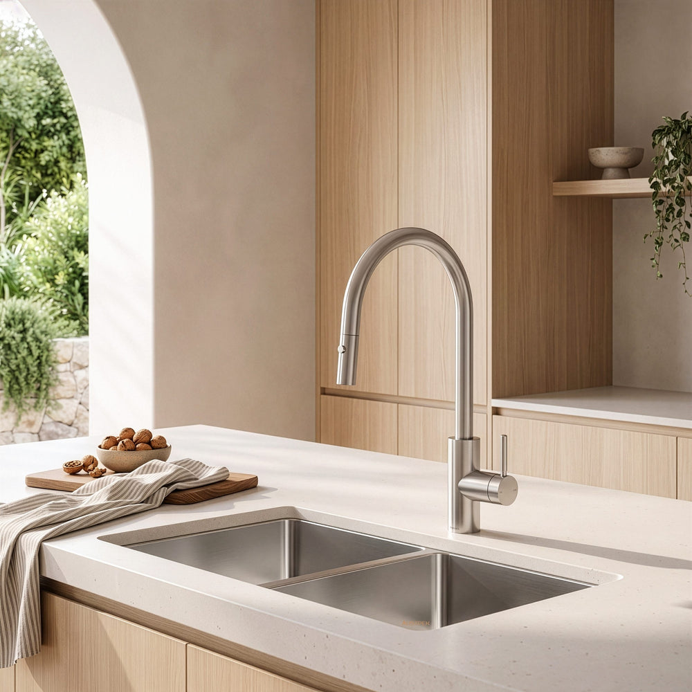 PHEONIX VIVID MKII GOOSENECK PULL OUT SINK MIXER 428MM STAINLESS STEEL