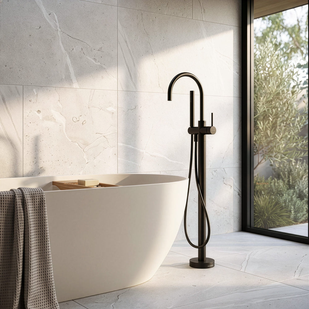 PHOENIX VIVID SLIMLINE FLOOR MOUNTED BATH MIXER WITH HAND SHOWER 957MM MATTE BLACK