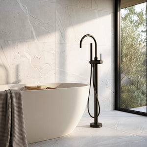 PHOENIX VIVID SLIMLINE FLOOR MOUNTED BATH MIXER WITH HAND SHOWER 957MM MATTE BLACK