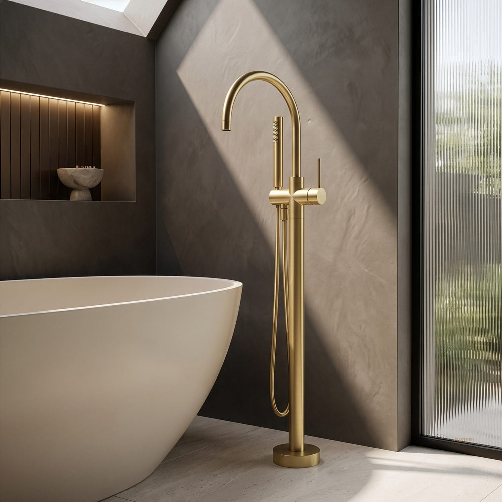 PHOENIX VIVID SLIMLINE FLOOR MOUNTED BATH MIXER WITH HAND SHOWER BRUSHED GOLD