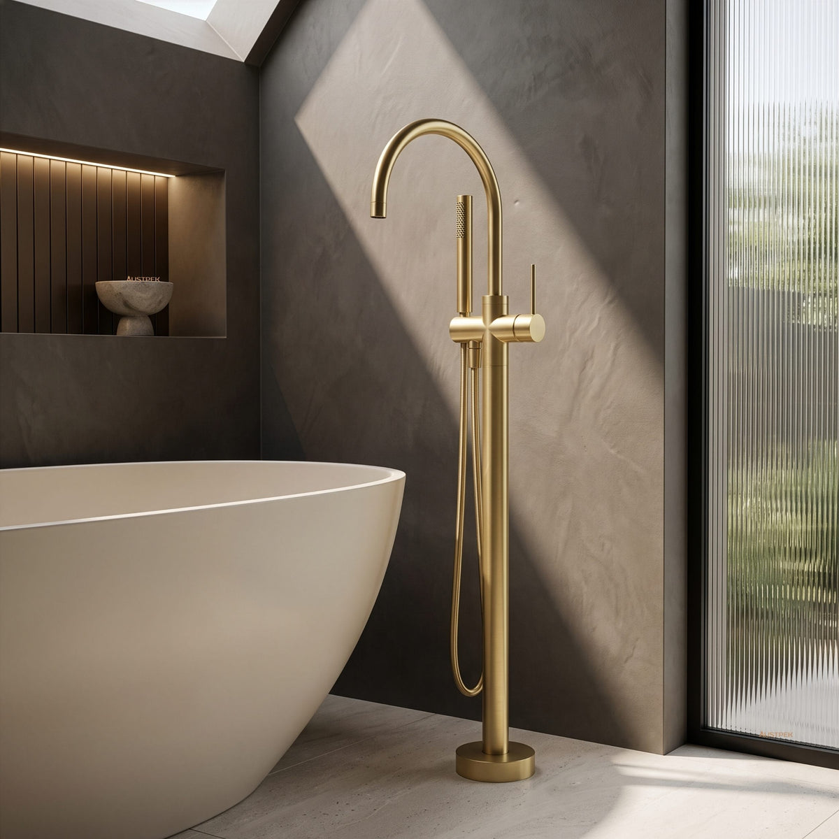 PHOENIX VIVID SLIMLINE FLOOR MOUNTED BATH MIXER WITH HAND SHOWER BRUSHED GOLD