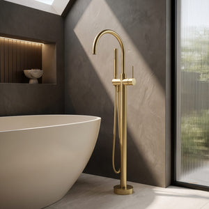 PHOENIX VIVID SLIMLINE FLOOR MOUNTED BATH MIXER WITH HAND SHOWER BRUSHED GOLD