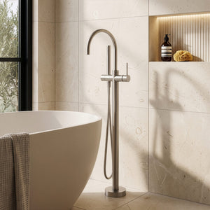 PHOENIX VIVID SLIMLINE FLOOR MOUNTED BATH MIXER WITH HAND SHOWER BRUSHED NICKEL