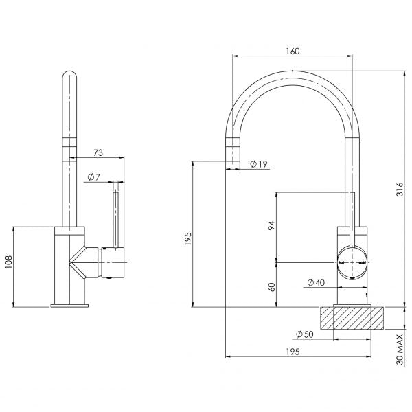 PHOENIX VIVID SLIMLINE SINK MIXER GOOSENECK 160MM MATTE BLACK