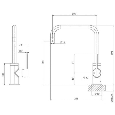 PHOENIX VIVID SLIMLINE LEAD FREE SINK MIXER SQUARELINE 220MM BRUSHED NICKEL