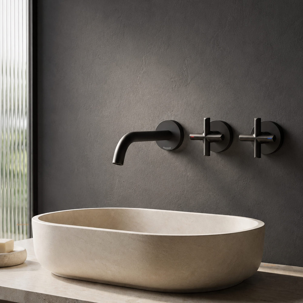 PHOENIX VIVID SLIMLINE PLUS WALL BASIN / BATH HOSTESS SET OUTLET 180MM MATTE BLACK