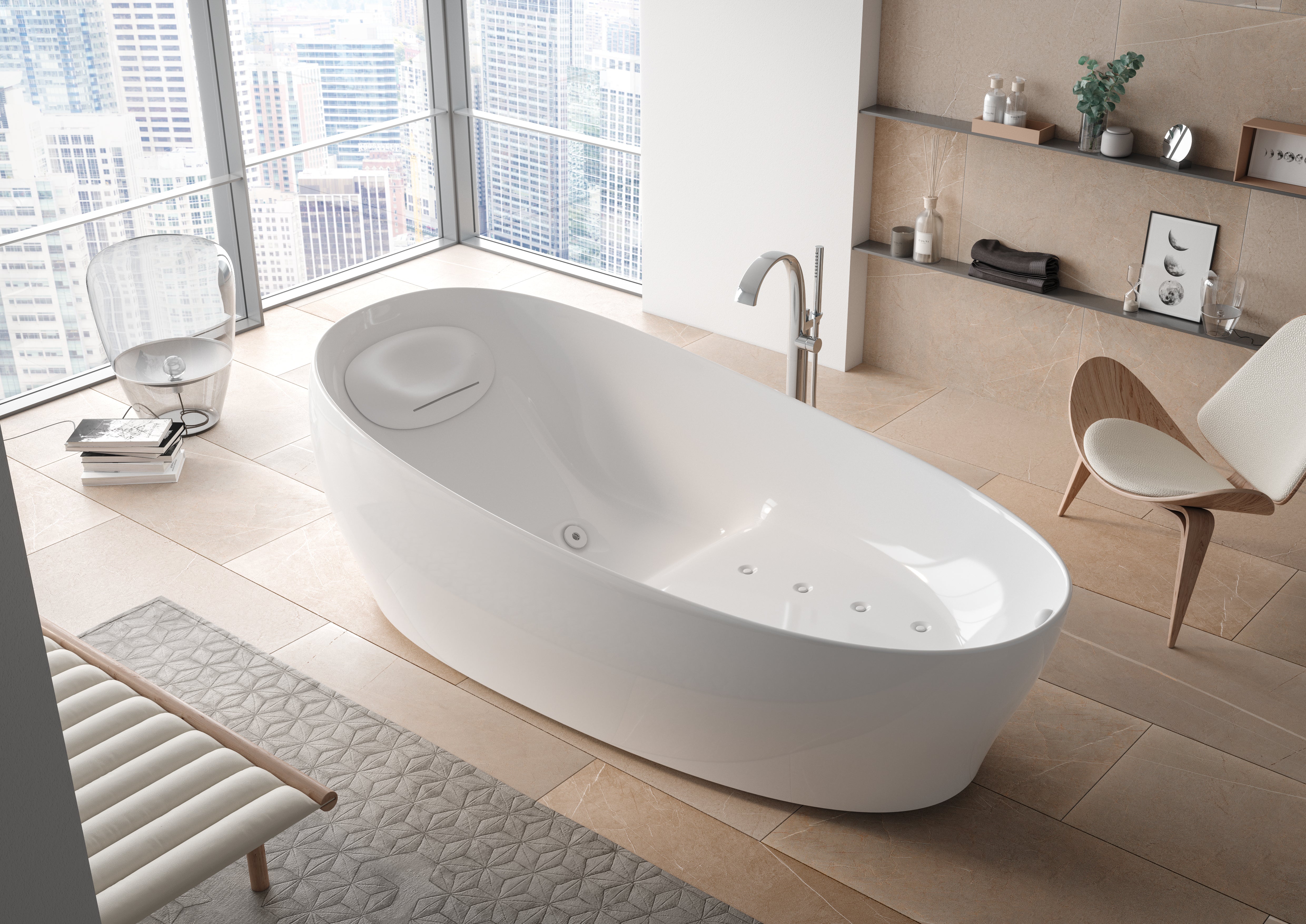 TOTO GALALATO FREESTANDING REINFORCED MARBLE FLOTATION TUB GLOSS WHITE 2200MM