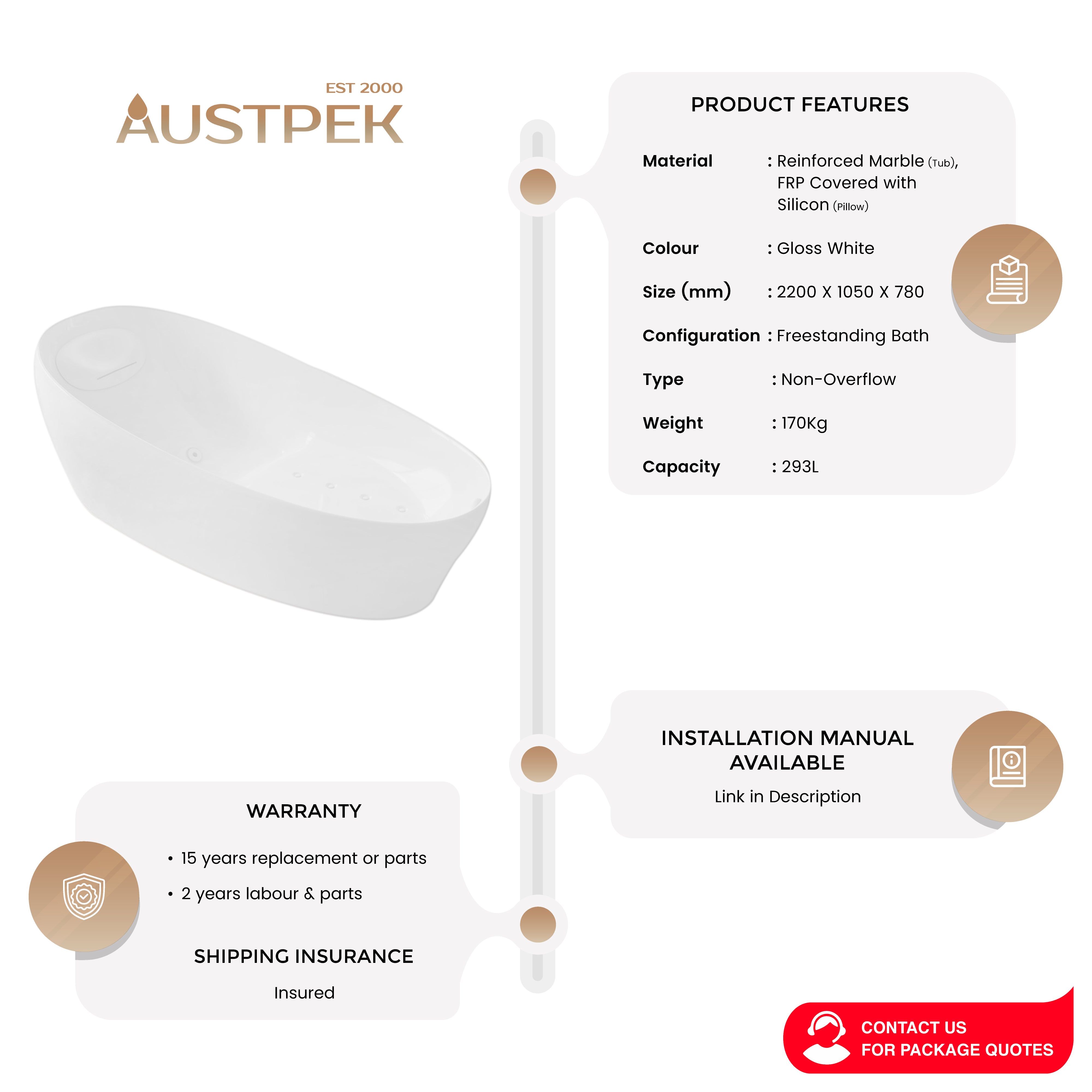 TOTO GALALATO FREESTANDING REINFORCED MARBLE FLOTATION TUB GLOSS WHITE 2200MM