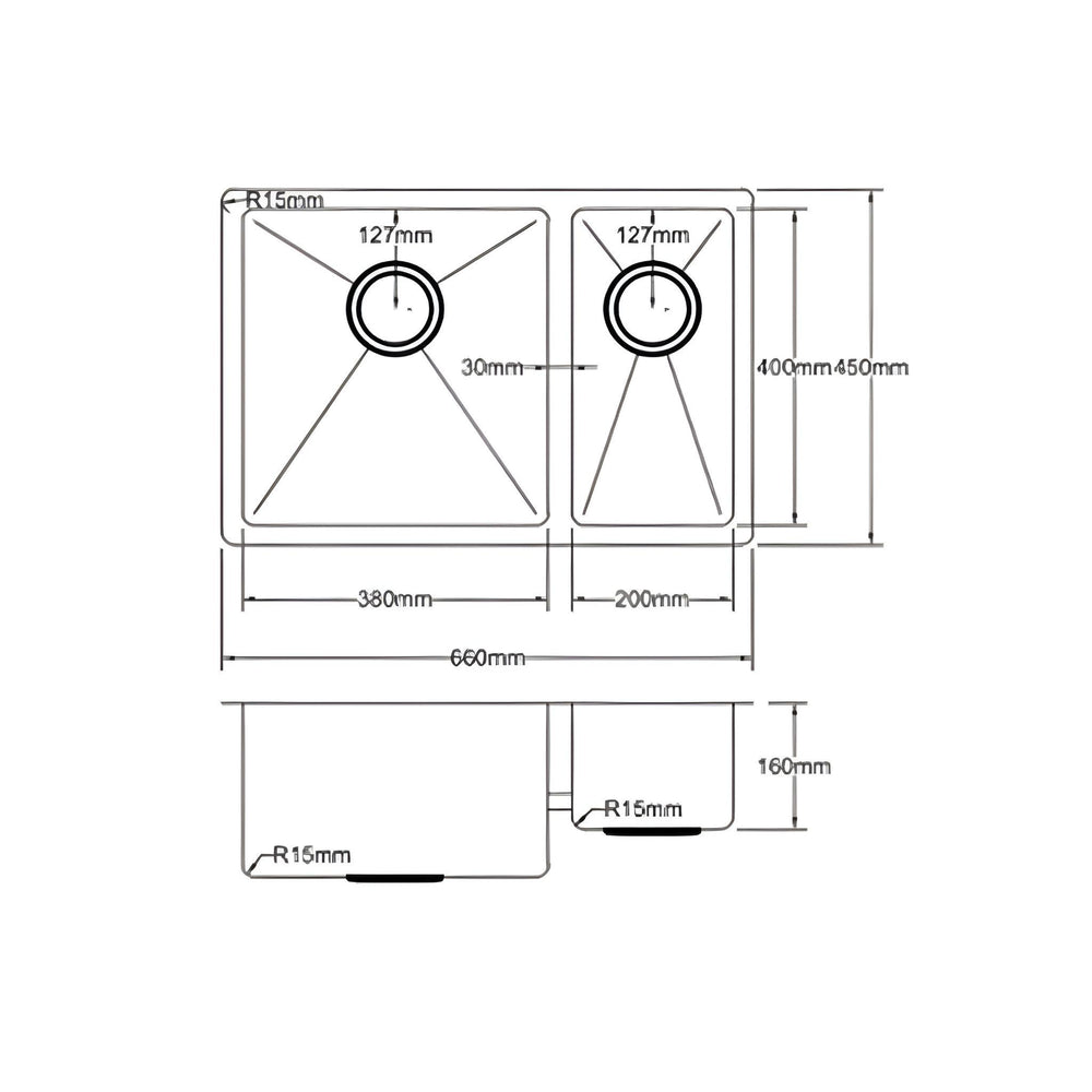 POSEIDON HANDMADE 1 & 1/2 BOWL UNDERMOUNT KITCHEN SINK STAINLESS STEEL 660MM
