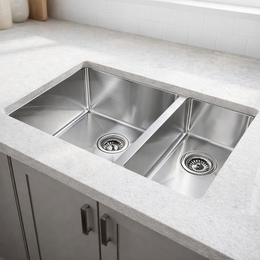 POSEIDON HANDMADE 1 & 1/2 BOWL UNDERMOUNT KITCHEN SINK STAINLESS STEEL 660MM