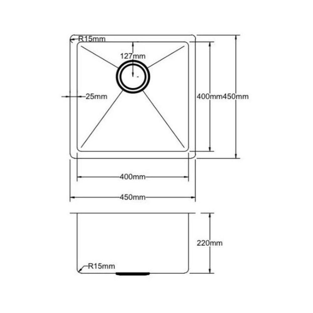 POSEIDON HANDMADE SINGLE BOWL UNDERMOUNT KITCHEN SINK STAINLESS STEEL 450MM