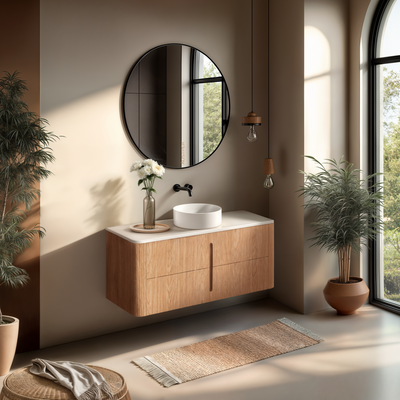 ORIO PINE LIGHT WALNUT FLUTED 1200MM CURVE SINGLE BOWL WALL HUNG VANITY