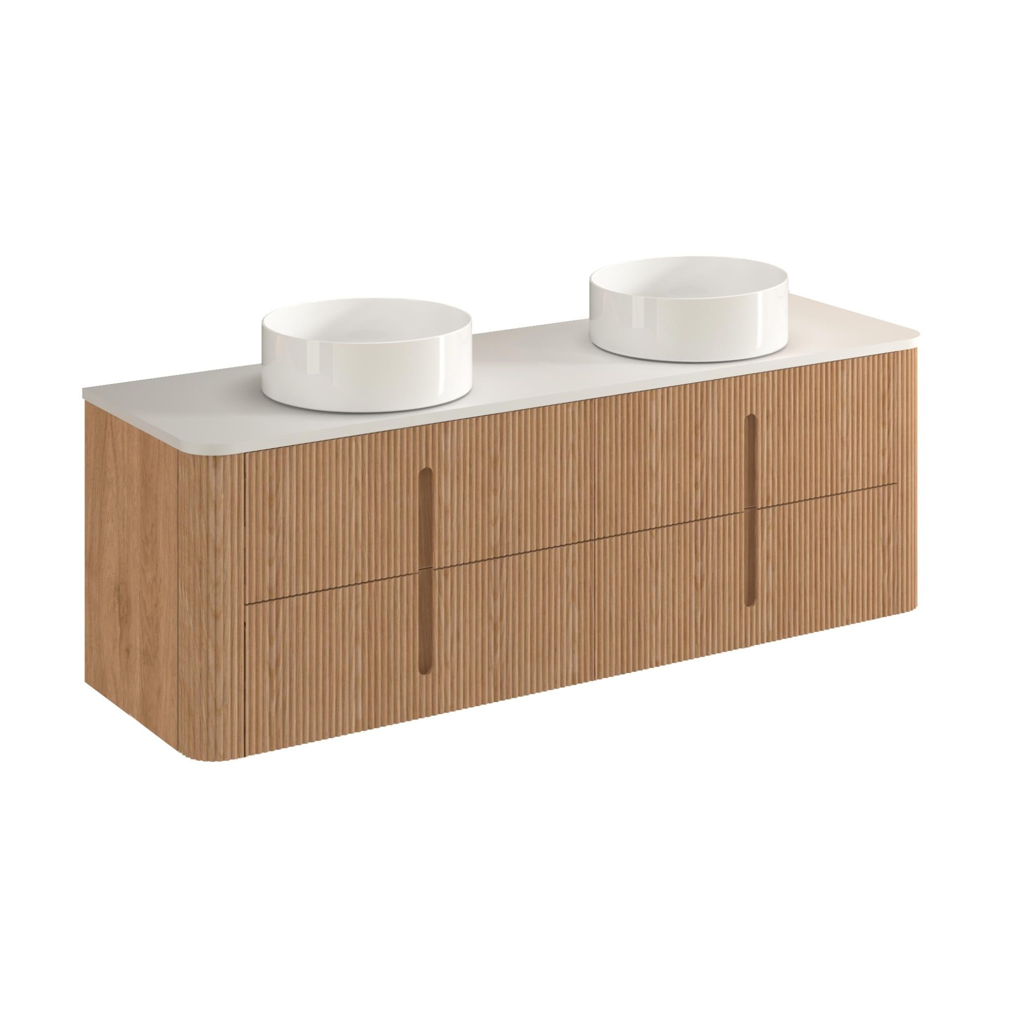 ORIO PINE LIGHT WALNUT FLUTED 1500MM CURVE DOUBLE BOWL WALL HUNG VANITY