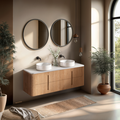 ORIO PINE LIGHT WALNUT FLUTED 1500MM CURVE DOUBLE BOWL WALL HUNG VANITY