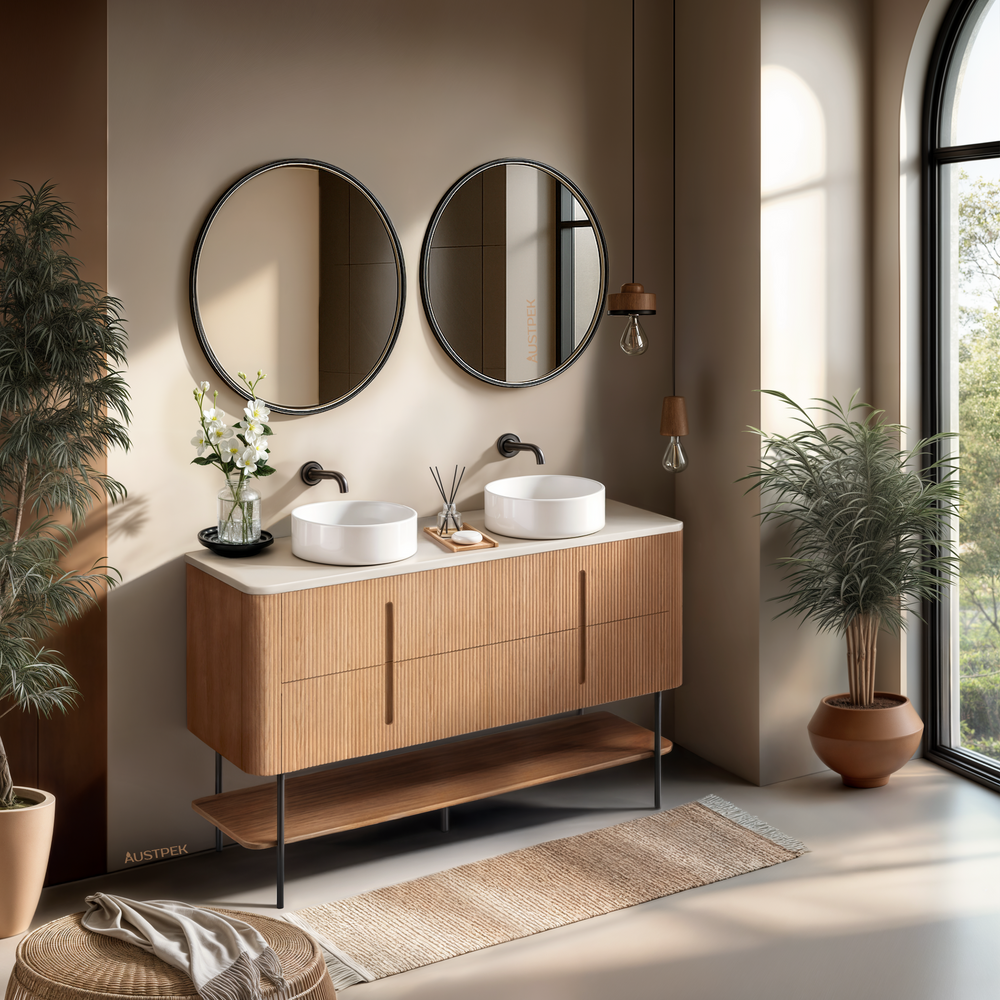 ORIO PINE LIGHT WALNUT FLUTED 1500MM CURVE DOUBLE BOWL FLOOR STANDING VANITY