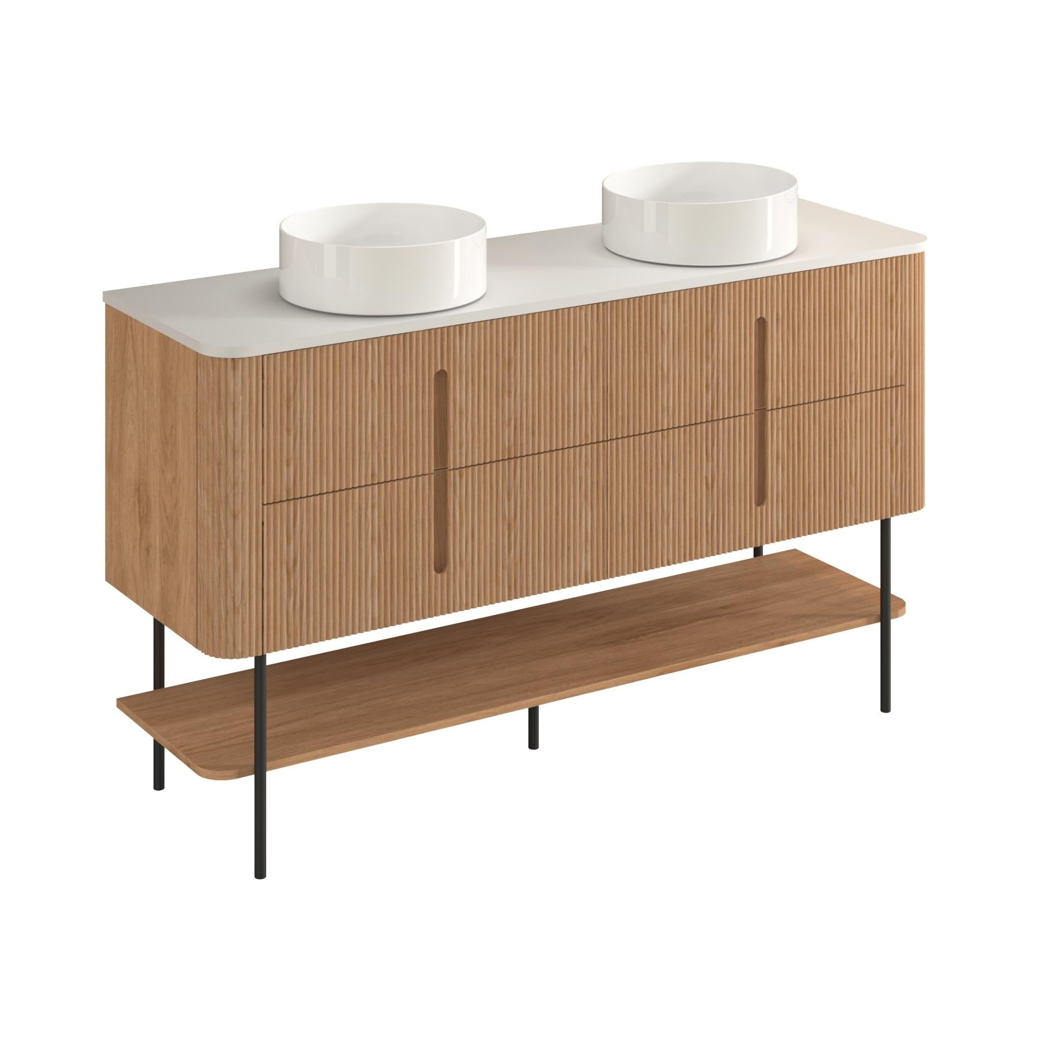 ORIO PINE LIGHT WALNUT FLUTED 1500MM CURVE DOUBLE BOWL FLOOR STANDING VANITY