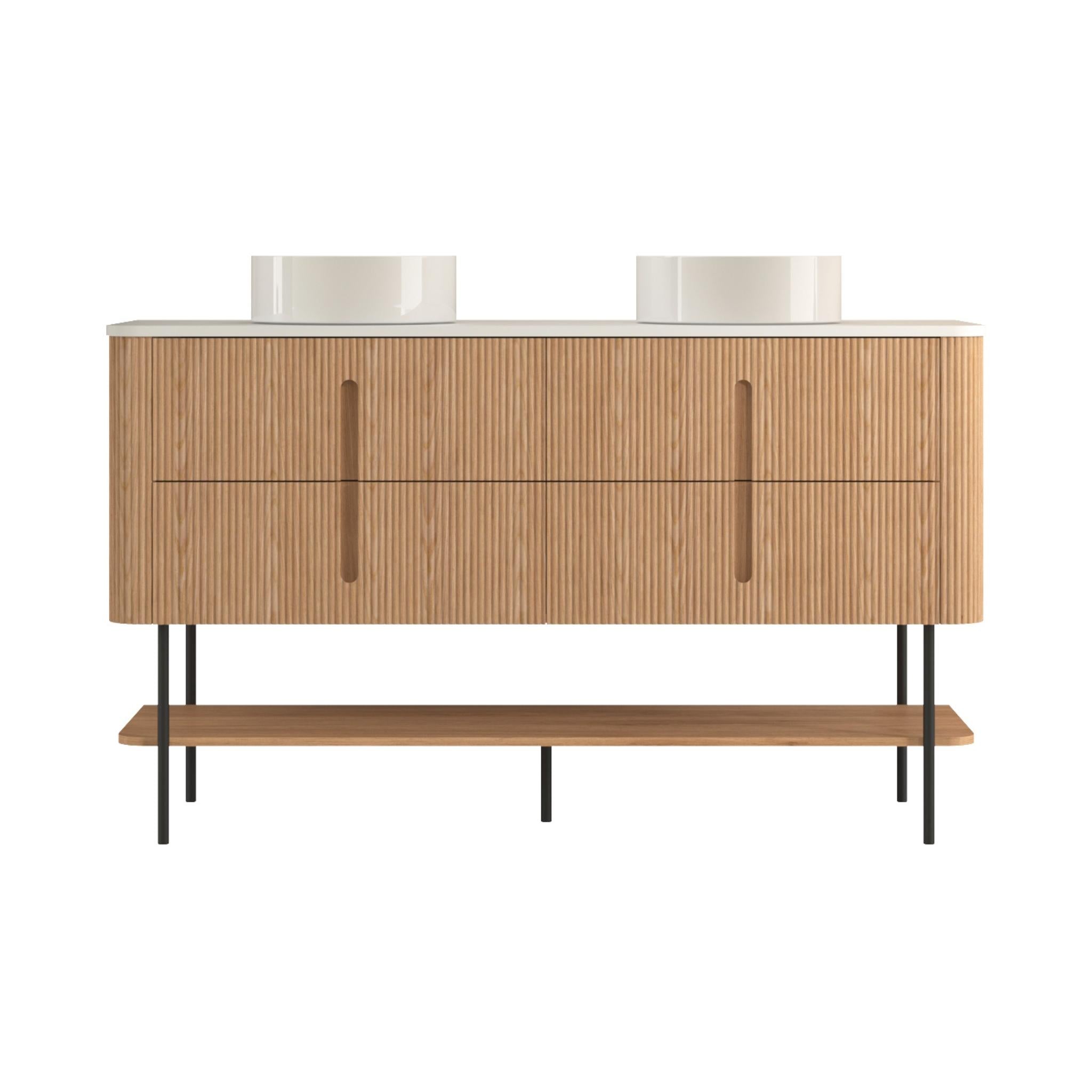 ORIO PINE LIGHT WALNUT FLUTED 1500MM CURVE DOUBLE BOWL FLOOR STANDING VANITY