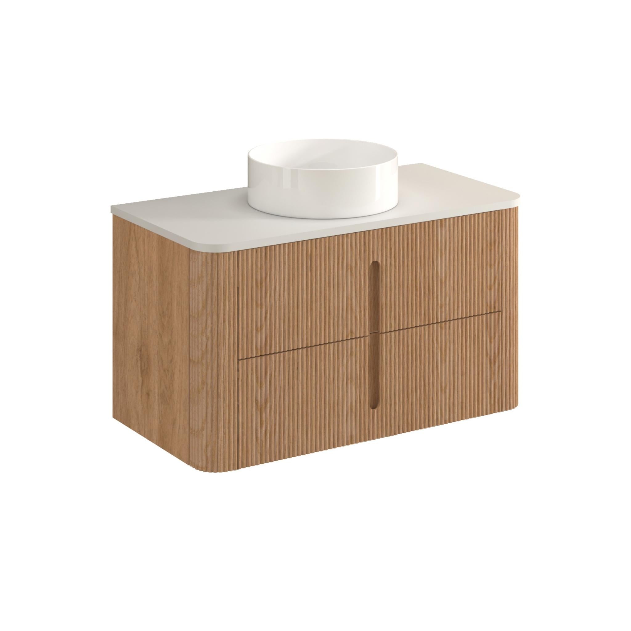 ORIO PINE LIGHT WALNUT FLUTED 900MM CURVE SINGLE BOWL WALL HUNG VANITY