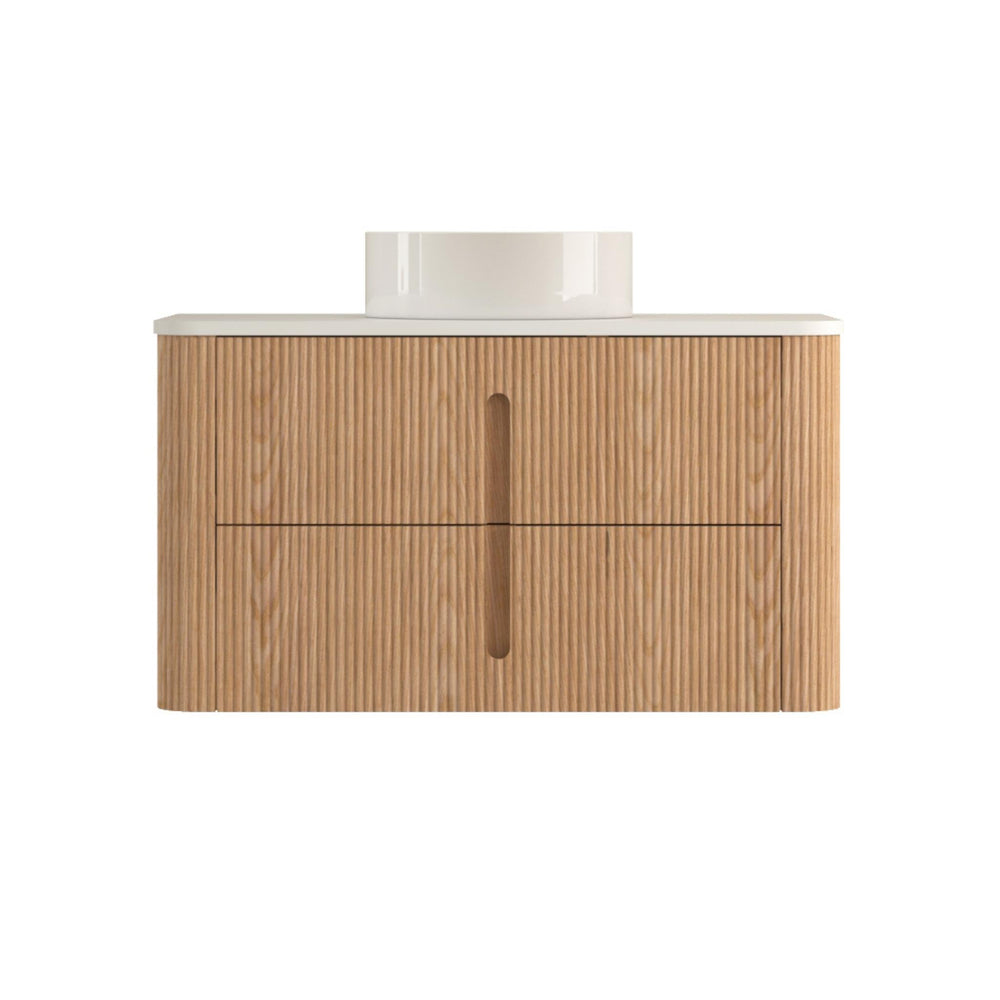 ORIO PINE LIGHT WALNUT FLUTED 900MM CURVE SINGLE BOWL WALL HUNG VANITY