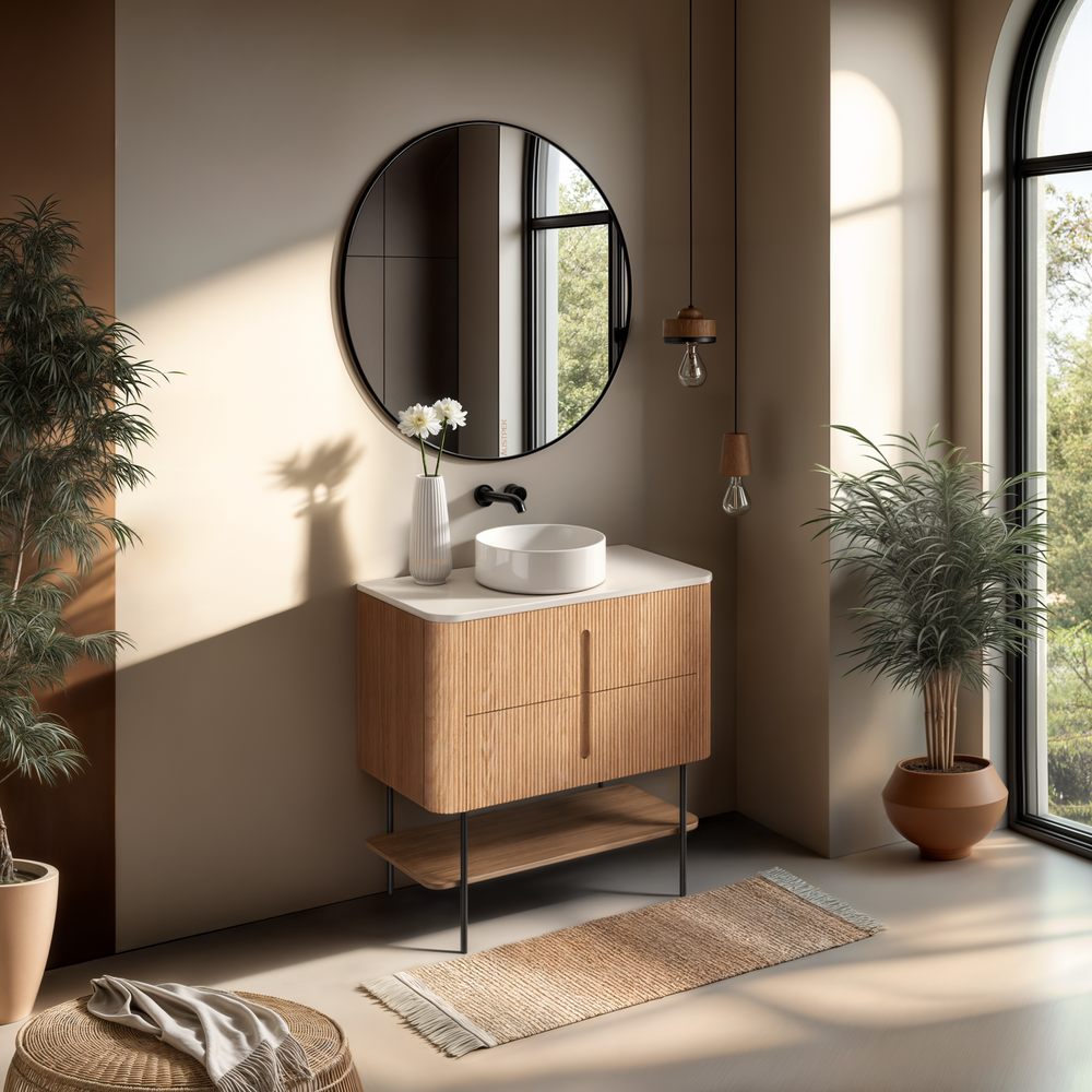 ORIO PINE LIGHT WALNUT FLUTED 900MM CURVE SINGLE BOWL FLOOR STANDING VANITY