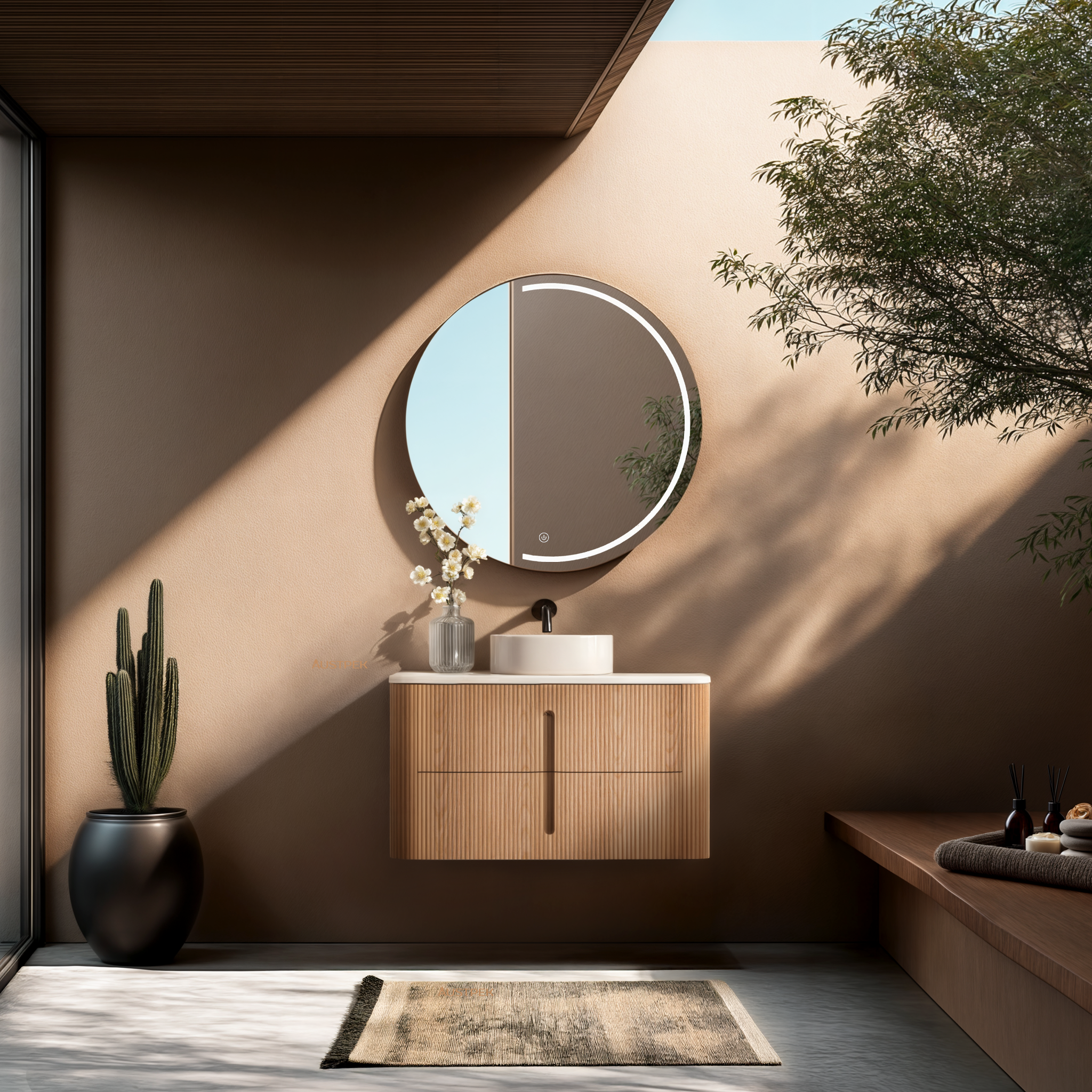 ORIO PINE LIGHT WALNUT FLUTED 900MM CURVE SINGLE BOWL WALL HUNG VANITY