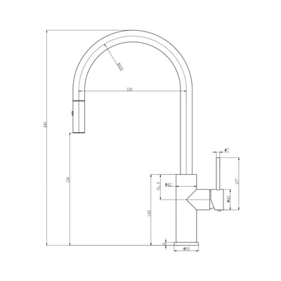 IKON OTUS SLIMLINE SS GOOSENECK PULL OUT SINK MIXER 440MM BRUSHED COPPER